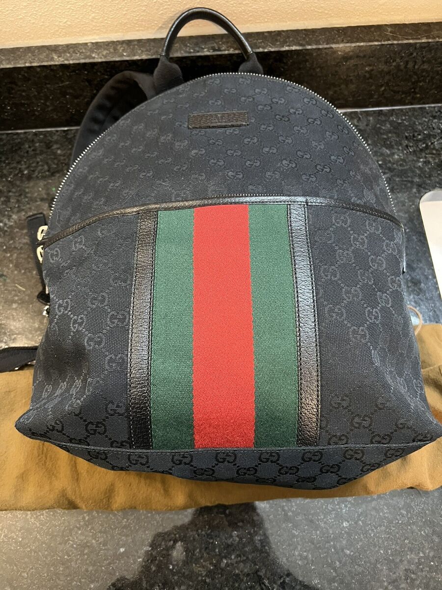 GUCCI UNISEX BACKPACK BLACK LOGO GG CANVAS MONOGRAM AND GUCCI UNISEX BACKPACK BLACK LOGO GG CANVAS MONOGRAM AND