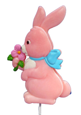 Easter Unlimited PIN Vintage PULL STRING Pink BUNNY RABBIT w Flower 1970s Brooch
