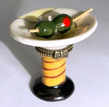 Vintage Whimsical Enamel Ceramic Martini Trinket Box, Metal Hinge and Clasp