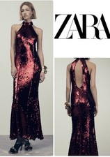 ZARA NEW RED SEQUIN HALTER LONG DRESS Large UK 12-14 