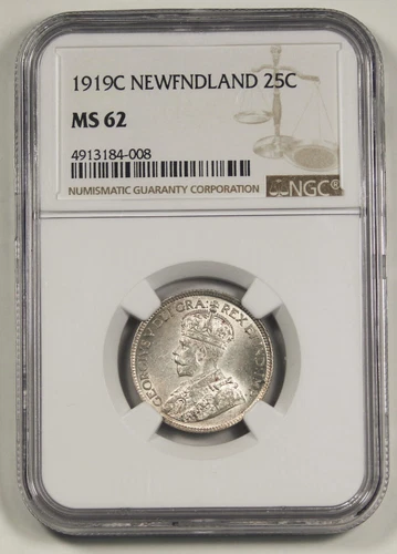 Canada NEWFOUNDLAND 1917 C Silver 25 Cent Coin KM#17 NGC MS62 UNC/BU George V