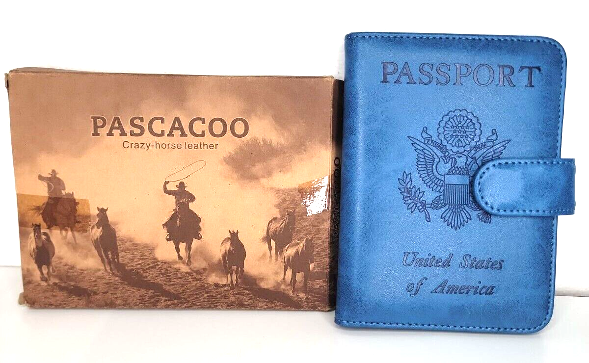 Pascacoo RFID Blocking Passport Holder in Blue Faux Leather with Card Slots-image