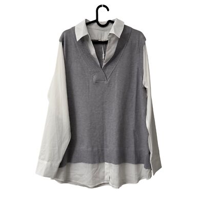 Vila Milano Gray White Shirt Sweater Vneck Capsule Long Sleeve Womens XL NEW