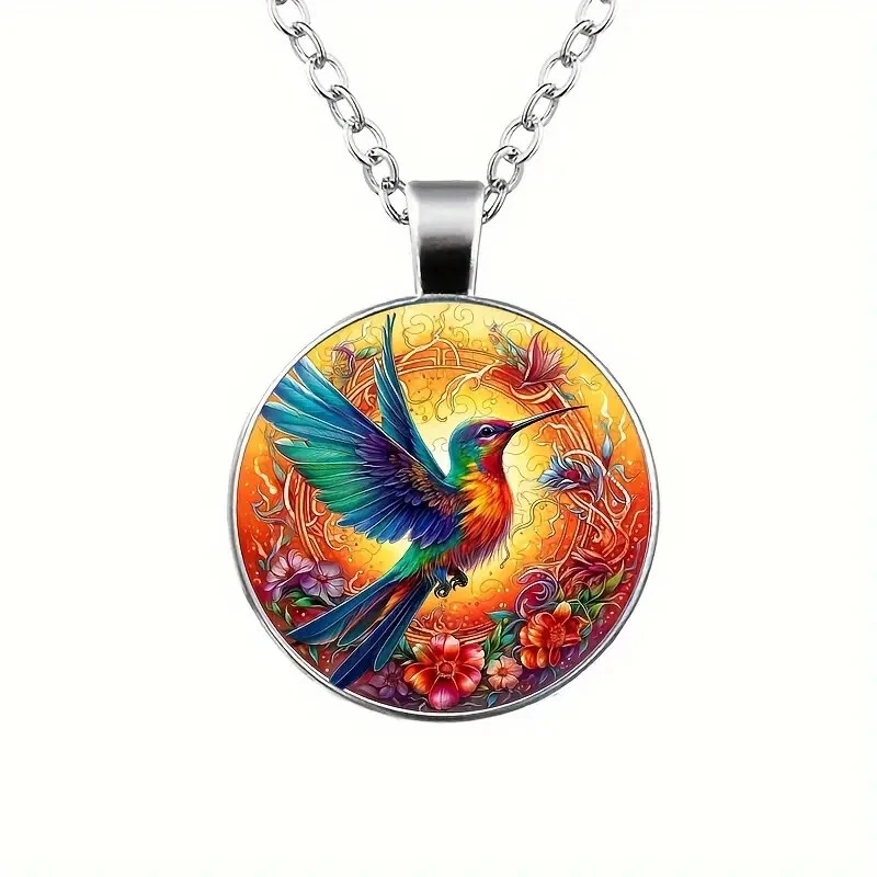 New Lucky Kingfisher Pattern Round Pendant Necklace Bohemian Style Jewelry image 2