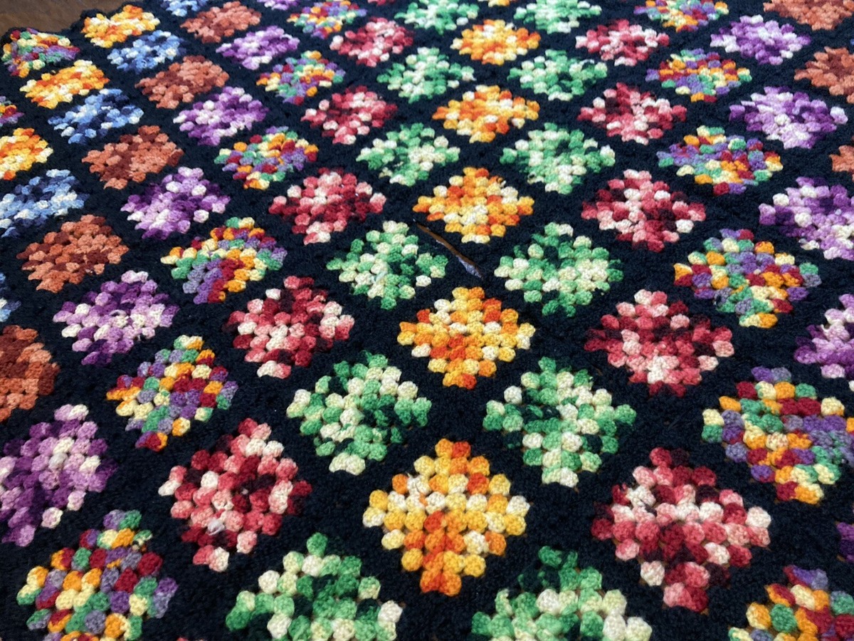 Granny Afghan Hand Crochet Blanket Rose Flower 48x48” Grandma