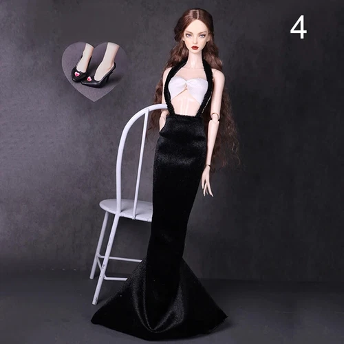 Schwarzes Kleid für Barbie Puppe Outfit Kleidung Top Meerjungfrau Kleid Sandalen - Bild 4 von 6