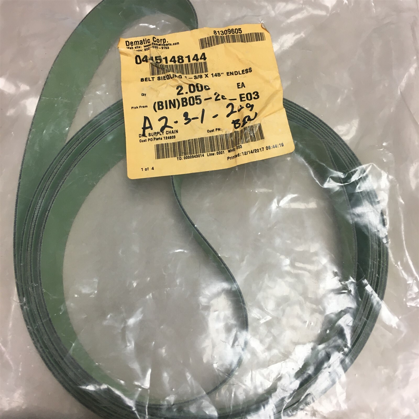 New QTY 1 Dematic 0445148144 Endless Conveyor Flat Tape Belt 1-3/8 x145" S7 