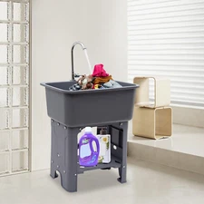 Freestanding Plastic Utility Sink Laundry Tub Laundry Sink with Faucet Grey NEW