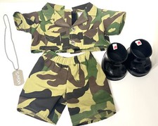 BUILD-A-BEAR WORKSHOP BABW Military Army Camo Shirt Shorts Boot ID Tag Lot EUC