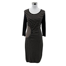 LOFT Ann Taylor Striped Knit Dress Black Beige Ruched 3/4 Sleeve Size M Stretch