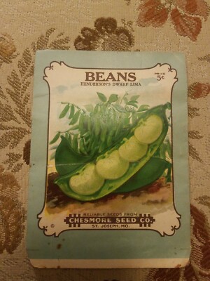Vintage 1900's lithograph BEANS seed package, Chesmore seed company, 