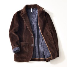 Men Casual Work Wear Corduroy Suit Blazer Two Button Warm Lined Notch Jacket Top