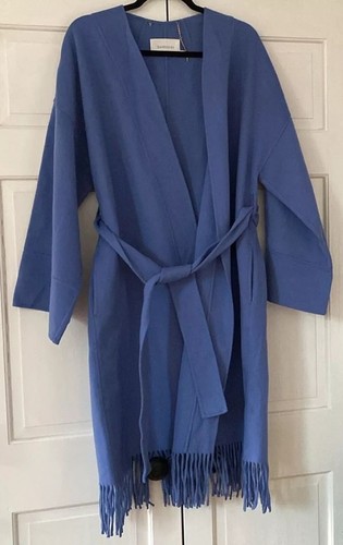 Zimmermann Fringed Wool Coat Wrap Robe Style Trench Coat Periwinkle Blue Size 3
