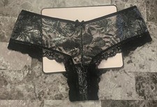 NWT VICTORIA'S SECRET L BLACK SILVER FLORAL LACE MESH BACK RARE CHEEKY PANTIES