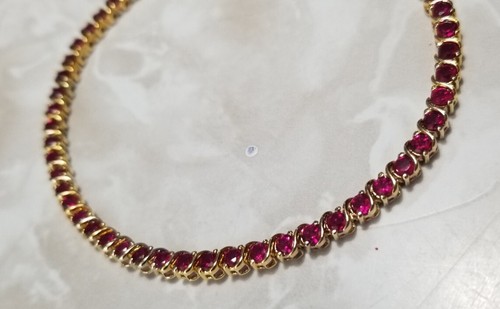 Ross Simons Yellow Gold/Sterling silver bright Lab created Pink Tennis Bracelet - Picture 3 of 11
