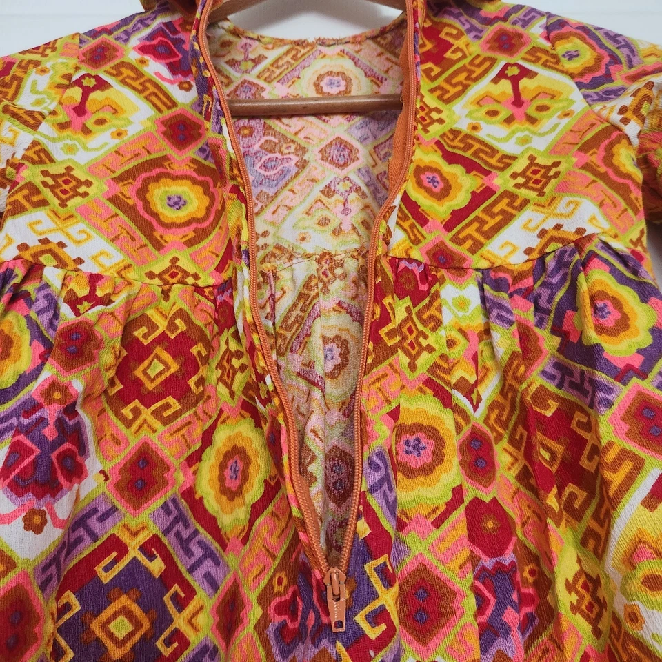 Vestido Vintage Niñas Colorido Manga Larga Años 60 70 Hecho a Mano Cremallera Trasera Estampado Retro Foto 4 de 4