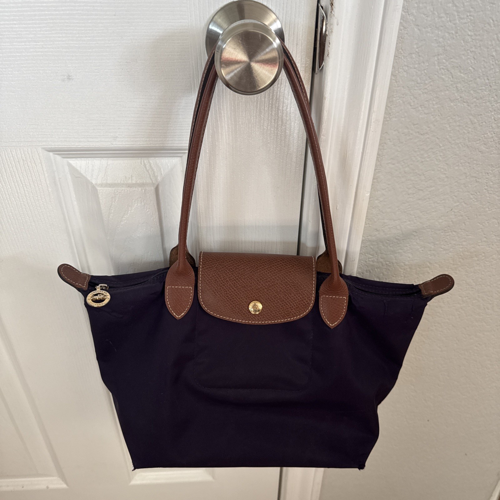 Longchamp Le Pliage Medium Original Shopping Tote Bag Purple Nylon Leather 15”