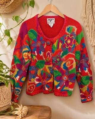 Colorful Chunky Vintage Cardigan Sweater Cottage Core Art Teacher Size Large