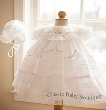 NWT Will'beth White Fancy Lace Dress 3pc Set Newborn Bonnet & Bloomers Baby Girl