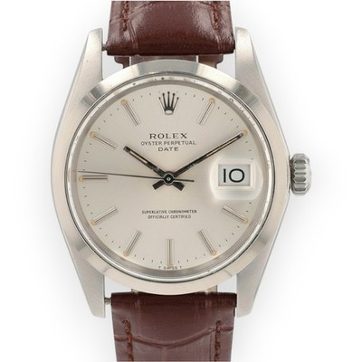 Rolex Date 1500 34mm Silver Index Dial Smooth Bezel Brown Leather Band Watch