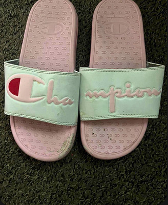 Champion Women s Slide Sandals Pink/Green Logo Slip-On Synthetic Upper US 5