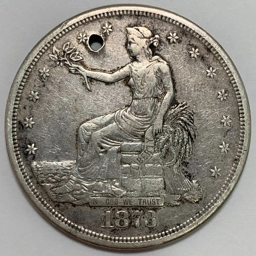 1873-S $1 Trade Silver Dollar: Holed
