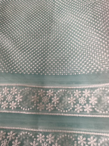 Vtg Aqua Nylon Sheer Flocked Swiss Dotted Floral Border Print 12yards x 52”W