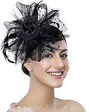 Women Fascinator Tea Party Hat 20s 50s Wedding Cocktail Flower Mesh A-black