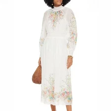 Zimmermann Zinnia Shirred Floral Dress Size 1  AU 10 US 6 - White Ramie Midi