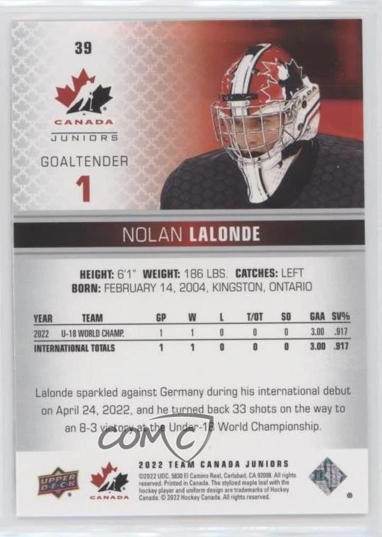 2022 Upper Deck Team Canada Juniors Men's U-18 Nolan Lalonde #39 - Image 2 of 2