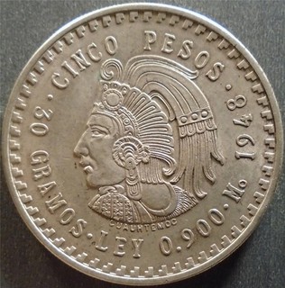 Mexico Commemorative Silver 5 Pesos 1948Mo toned