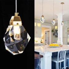 1-Light Diamond Crystal Pendant Light, Mini Ceiling Hanging Light in Gold Bru...