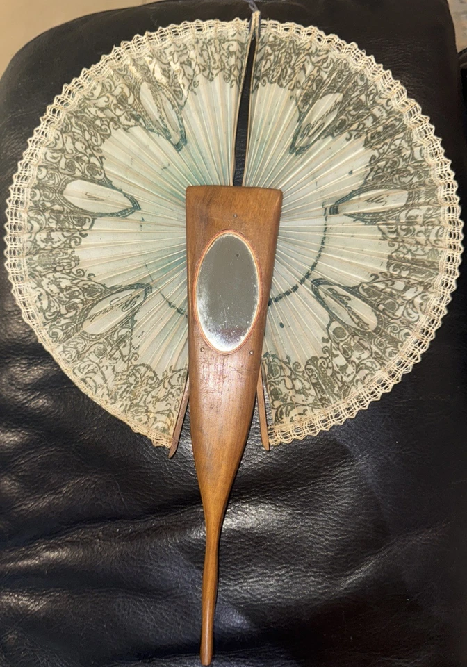 Antique Sorrento Ware Olive Wood Hand Held Hand Painted Folding Fan With Mirror - Image 2 of 4