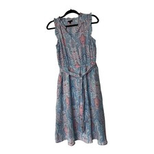 Talbots Dress Petite Blue Pink Paisley Sleeveless Ruffle V-Neck Belted 6P