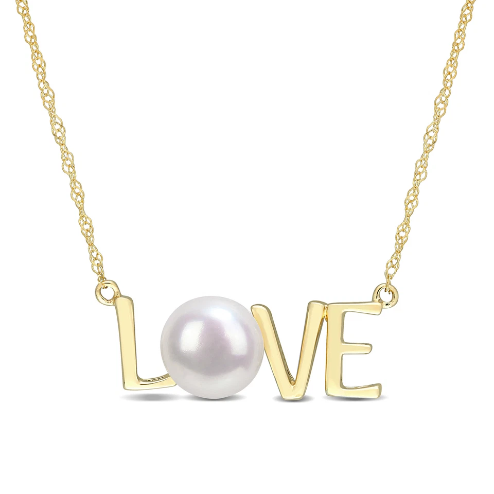 Amour 10K Yellow Gold Cultured Freshwater Pearl "LOVE" Pendant with Chain
