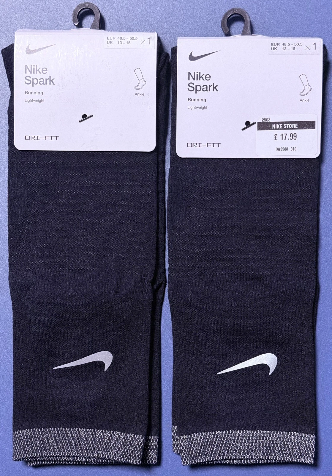 2 PACK Nike Dri-Fit Spark Running Lightweight Ankle Black Socks Men's UK 13-15