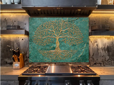 Tree of Life Splashback Gold Design on Green Marble Toughened Stove Backsplash