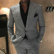 Men's Suit Houndstooth Check Leisure Party Prom Tuxedo Wedding 2 Piece Custom