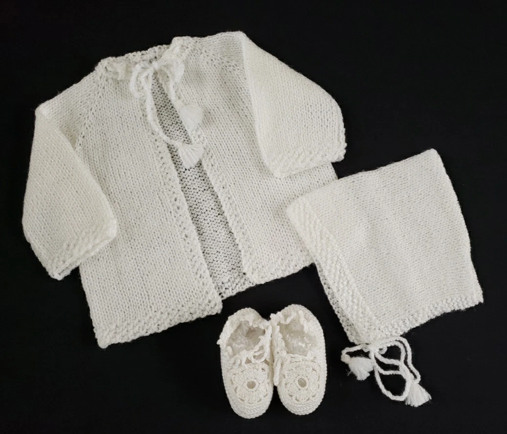 Vintage Handmade Knitted Baby White Layette 4 piece Set Sweater Cap/Hat Booties