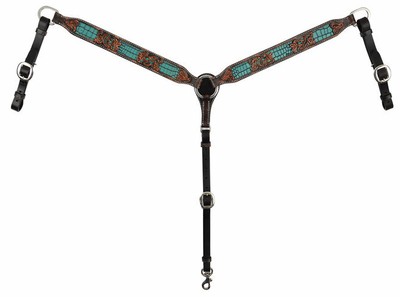 Circle Y Distressed Faux Gator Breast Collar Brown Turquoise NEW