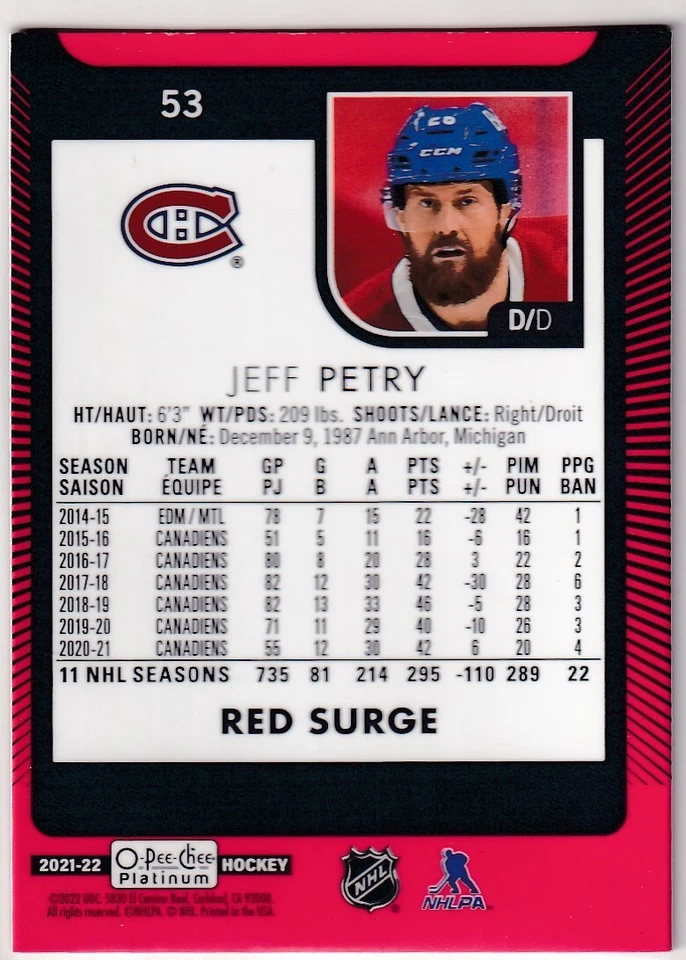 2021-22 O-PEE-CHEE PLATINUM RED SURGE JEFF PETRY CANADIENS NHL HOCKEY JC-3804 - Image 2 of 2