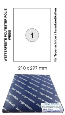 100 Etiketten 210 x 297 mm wetterfeste PET Folie weiss matt auf 100 DIN A4 Bögen