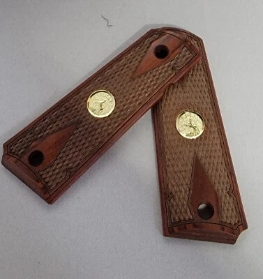 1911 Colt Rosewood Double Diamond Checkered Full Size Grips with Gold Colt Medal