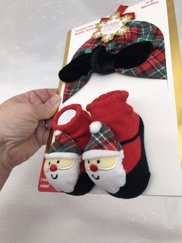 Baby Girls Turban Hat & Rattle Santa Socks Christmas Set 0-6 M Baby Essentials - Picture 5 of 7