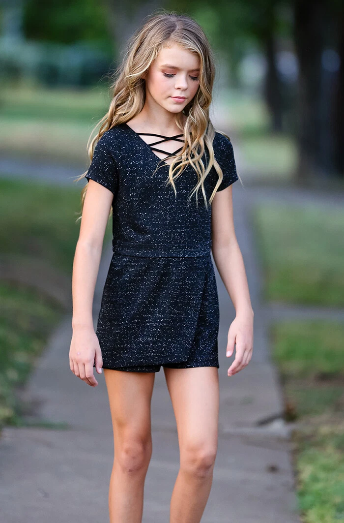 NEW Hannah Banana Black Sparkly Girls Romper Party Dance 7 8