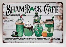St Patricks Day Shamrock Cafe Tin Metal Hanging Funny Holiday Sign Wall Art