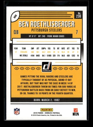 2018 Panini Donruss #238 Ben Roethlisberger (NM)(FTB) - Picture 2 of 2
