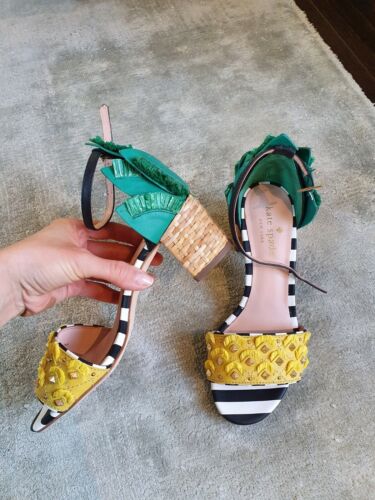 Bn Kate Spade Pineapple Yellow Green, Leather, Wicker Mid Heel Sandals, Uk 2, 35 - Afbeelding 1 van 12