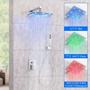 Shower Head 12-Inch LED Chrome Square Rain Sprayer Bath Shower Faucet with Arm