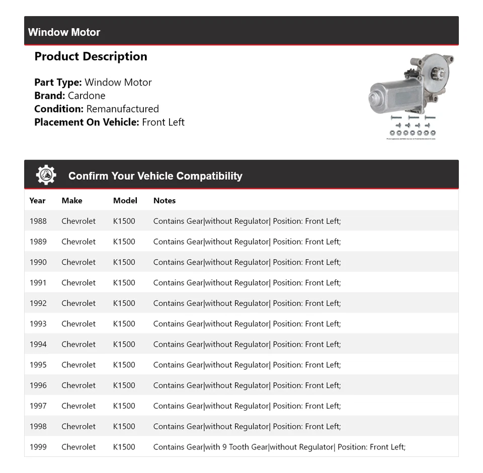 Motor ventana delantero izquierdo cardone 1989 1990 1991 Chevrolet K1500 1988-1999 Foto 2 de 4